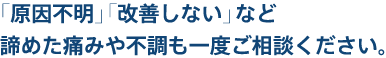「原因不明」「改善しない」など<br>諦めた痛みや不調も一度ご相談ください。