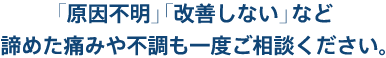 「原因不明」「改善しない」など<br>諦めた痛みや不調も一度ご相談ください。